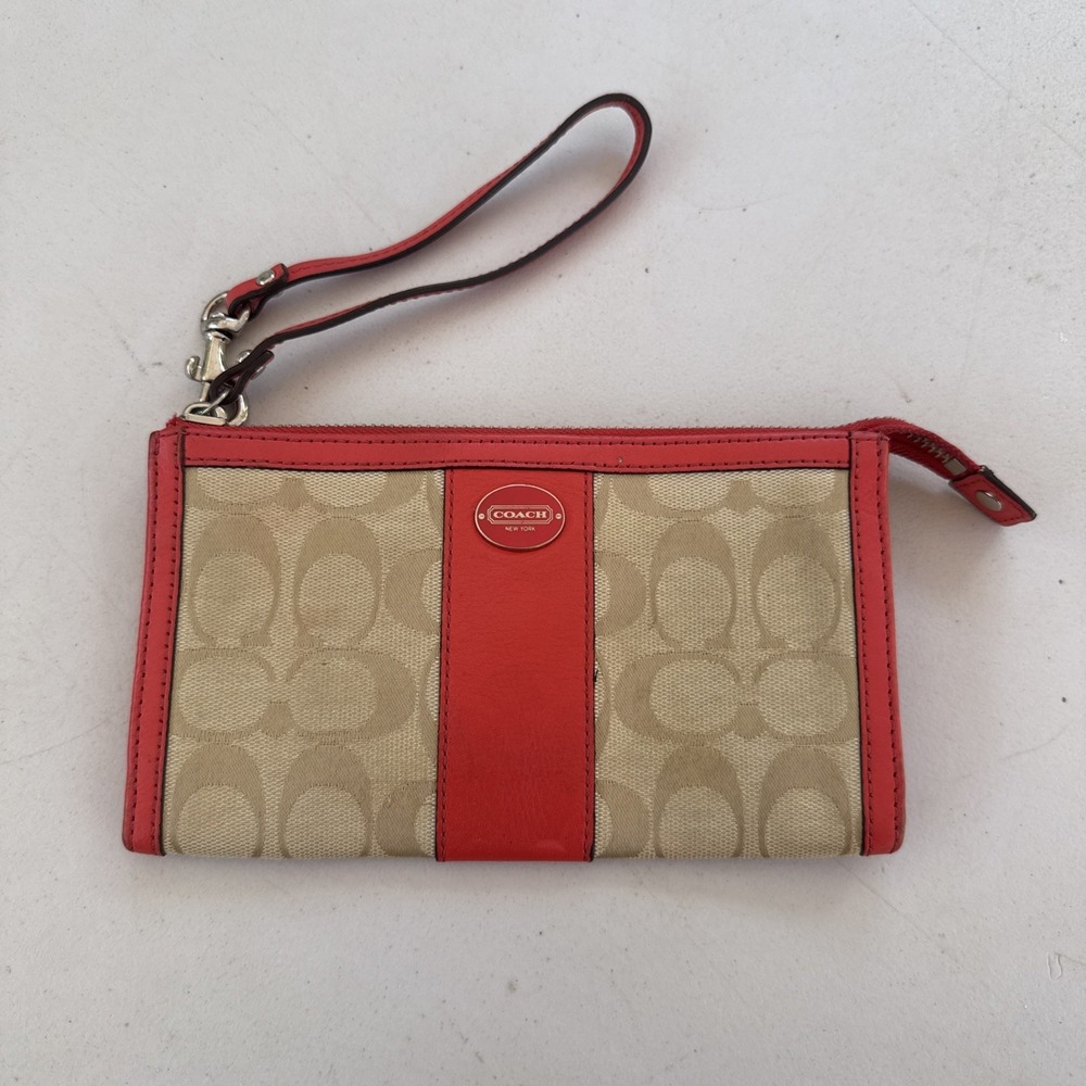 Coach Tan Clutch Wristlet Zip Wallet in  Khaki & Coral  7.5" X 4.5"